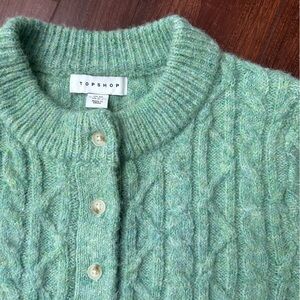 XS Like New Topshop Mint Cable-Knit Button-Front Cardigan